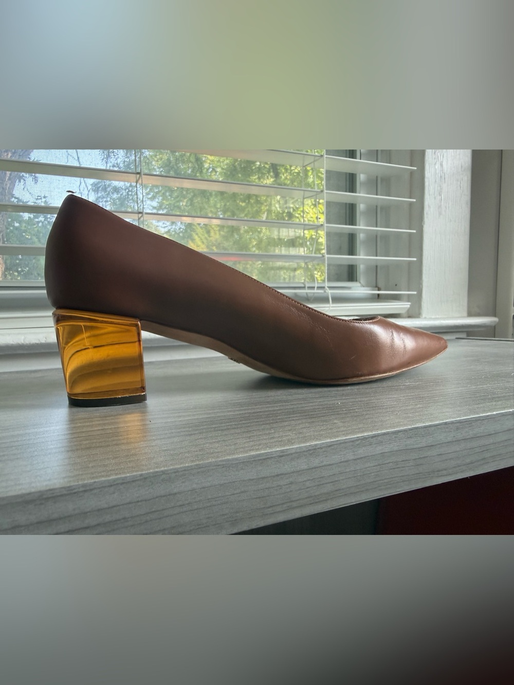 Stuart Weitzman Chocolate Leather Pump with Amber Block Heel